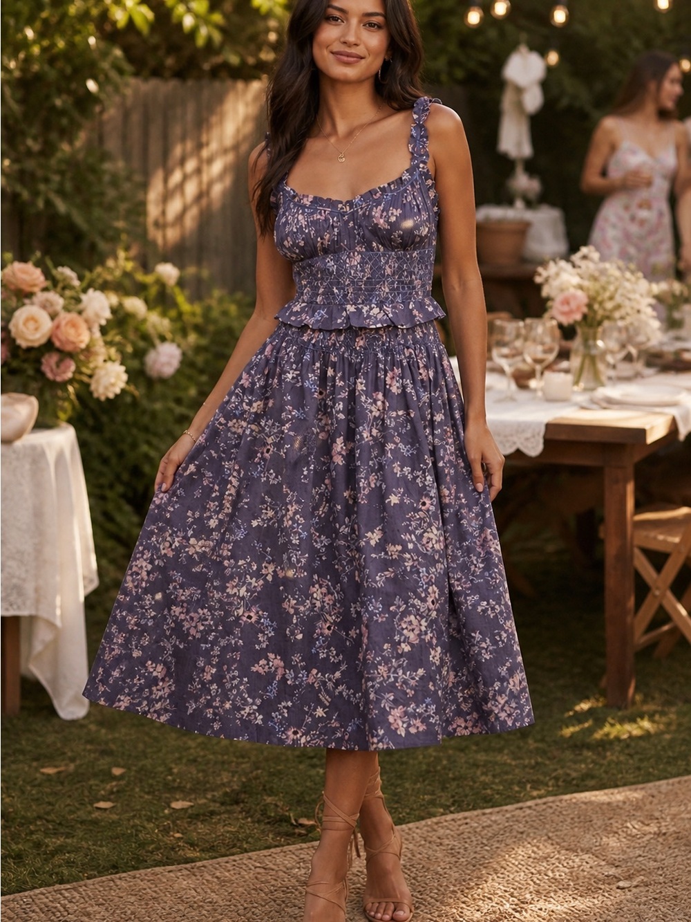 Anthropologie Smocked Floral Midi Dress Ruffle CottonCottagecore Boho Midi Small